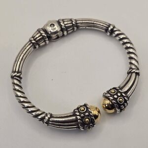 Two-Tone Hinged Cuff Bangle Bracelet Silver & Gold Tone Textured Rope Design